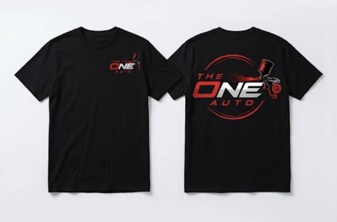 The One Auto black logo T-shirt, front and back